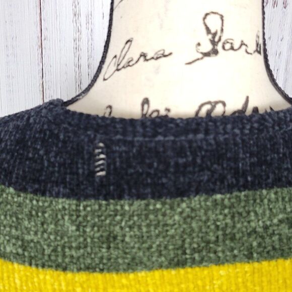 Express Black Green Yellow & White Striped Small Soft Knit Cozy V-Neck Sweater - Picture 5 of 8